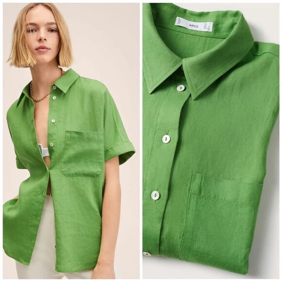 100% Linen Mango Shirt Green - Picture 1 of 9